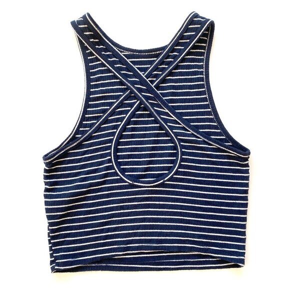 Hollister Cropped Ribbed Tank XS Cross Back Straps Navy White Striped Nautical - Picture 2 of 7